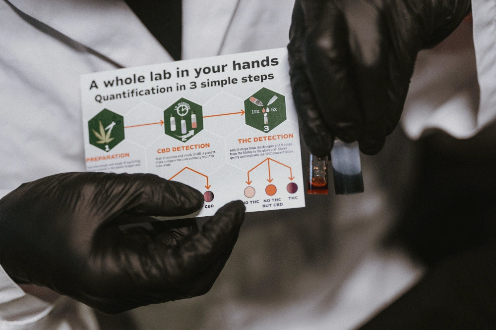 Viales de detección de THC y CBD junto a la carta de evaluación